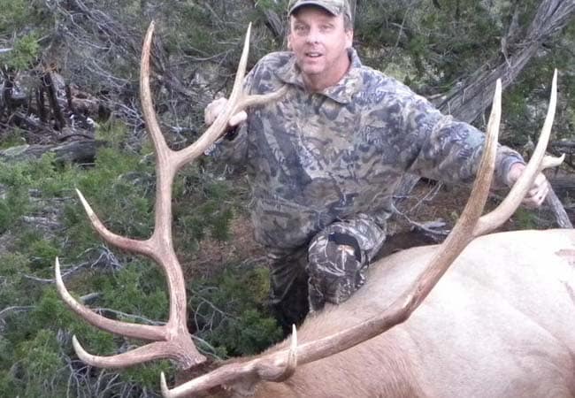 Hunter in camouflage kneeling behind a large trophy bull elk with big antlers